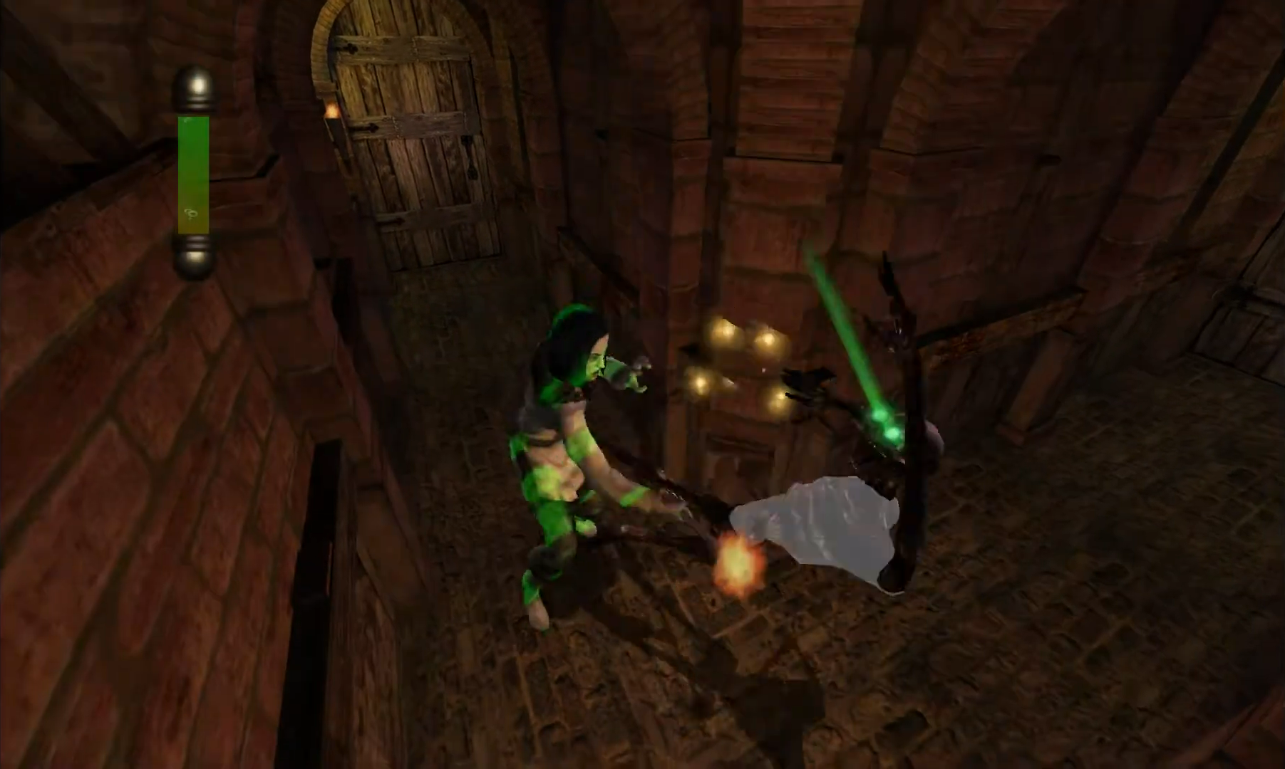 Ein französischer Bengel haut ein Monster mit einer Fackel.