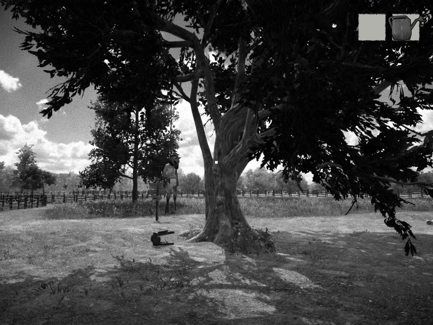 Eines der Pferde hat sich an einem Baum erhangen.