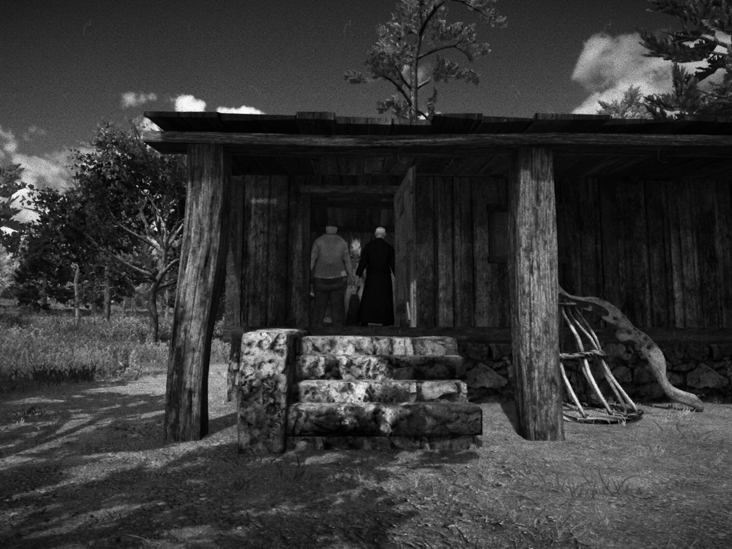 Der Farmbesitzer und ein Priester gehen mit einem weiblichen Pferd in eine Scheune.
